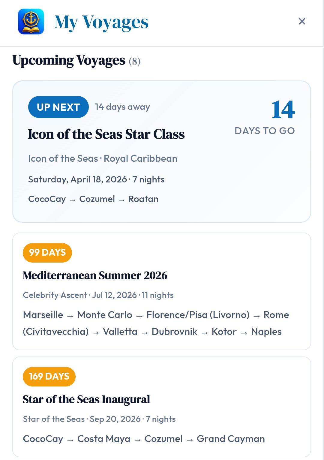 Voyage Keeper upcoming voyages screen